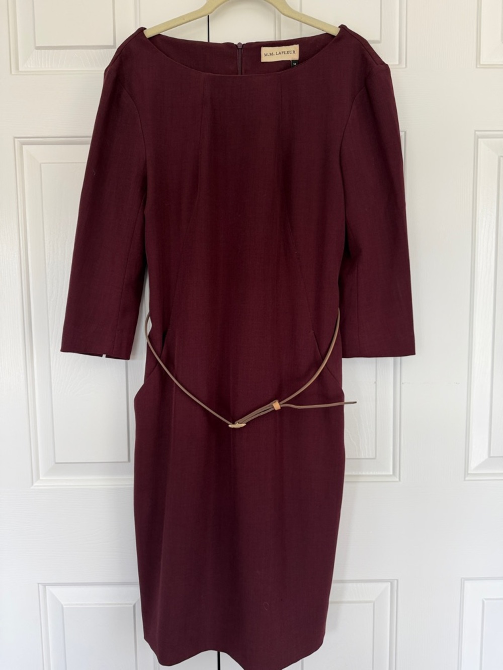 MM Lafleur Etsuko Claret Midi Sheath Dress with Slim Tan Belt - Picture 2 of 7